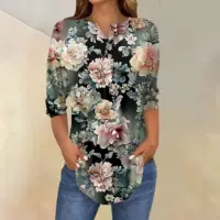 Amazon AliExpress 2025 Весенне-осенняя новая повседневная рубашка-поло с четырьмя пуговицами и рукавами три четверти с v-образным вырезом и цифровым принтом.