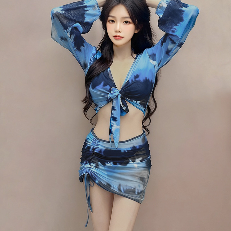 2025 nuevo traje de baño de mujer tie-dye puro deseo bikini dividido de cuatro piezas de manga larga protector solar traje de baño de alta calidad