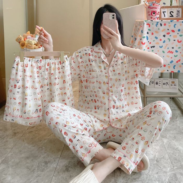 Venta al por mayor transfronteriza 120g pijamas de algodón de nube de verano de manga corta para mujer pantalones cortos de algodón de nube de verano de tres piezas servicio a domicilio de dibujos animados