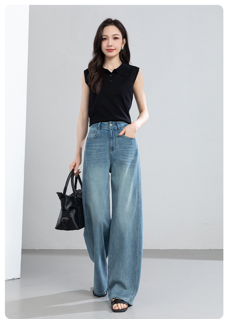 Quần jean nữ ống rộng cạp cao chất vải denim pha sợi tencel mềm mại — xanh lam chi tiết 20