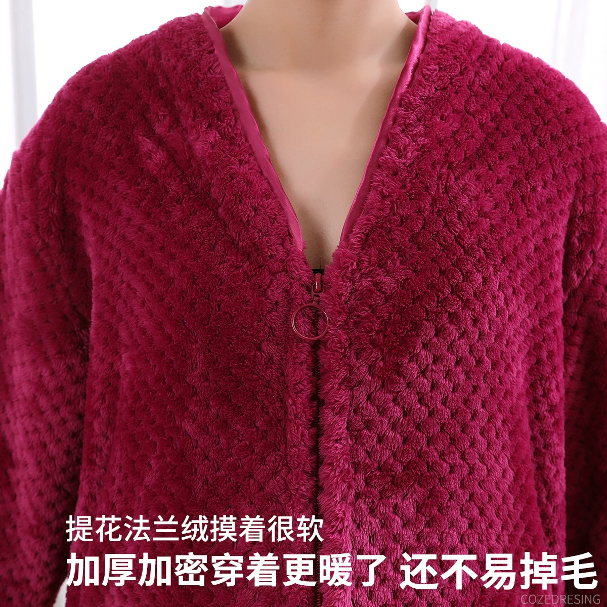 Men's demi-season long flannel bathrobe with zipper, coral-velvet, long-sleeve, sizes 150–190 cm
