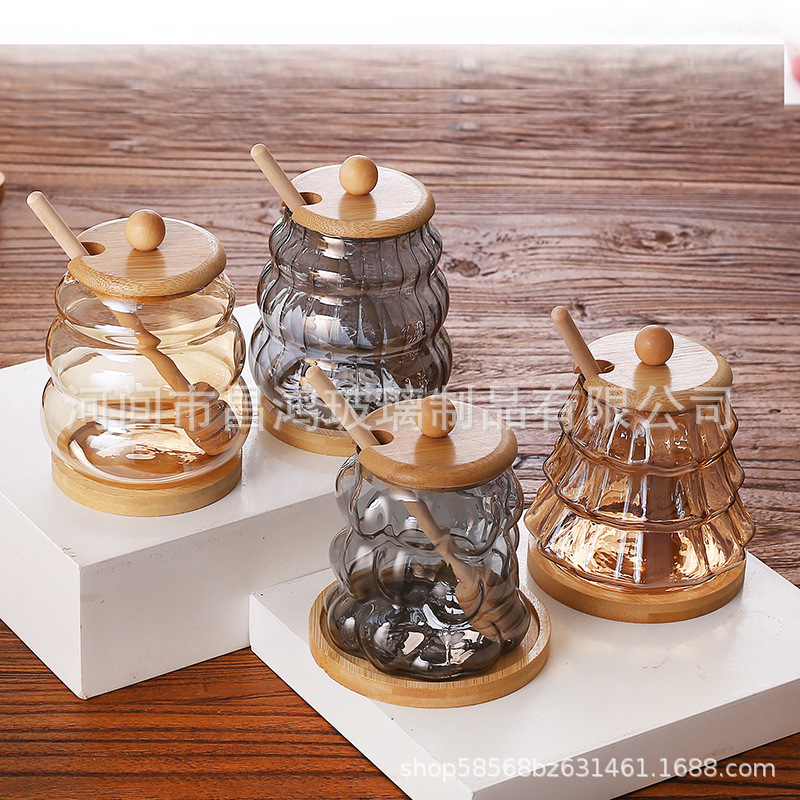 跨境玻璃蜂蜜罐带搅拌棒高硼硅玻璃带竹盖果酱蜜蜂瓶电镀收纳罐子