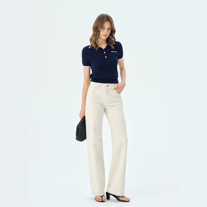 Mbb Micro-Elastic Loose Straight-Leg Jeans for Women, Summer High-Waisted, Slimming, Structured, High-Quality, Textured, Washed Wide-Leg Pants