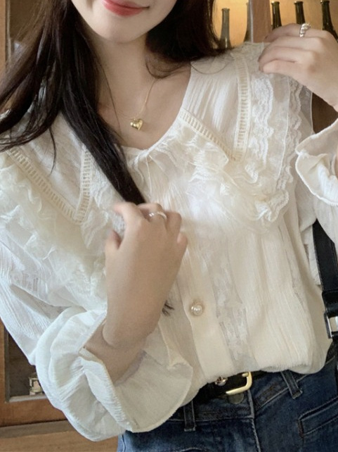 娃娃领衬衫女超仙气质蕾丝春秋季设计感小众法式别致漂亮打底衬衣|undefined