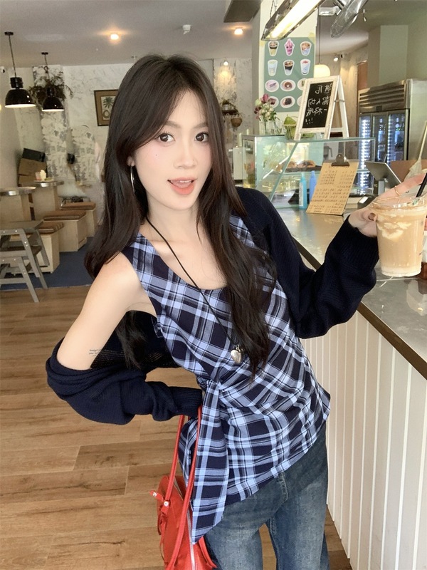 早秋2025新款时尚复古格子背心上衣+长袖针织开衫外套叠穿套装女|undefined