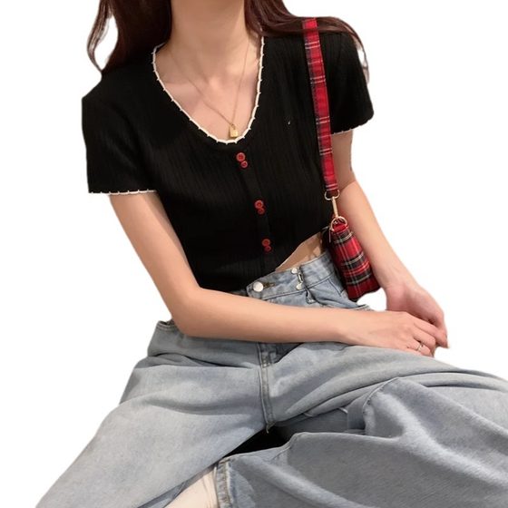 Summer V-neck Western-style Slim-fit Short-sleeved Slim-fit High-waist Short Ice Silk Knitted Sweater Fashionable T-shirt Bm Top Women's Thin