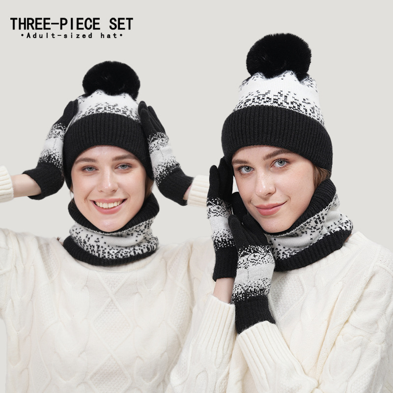 冬季新款加绒护耳针织帽子围脖触屏手套保暖套装男户外御寒毛线帽