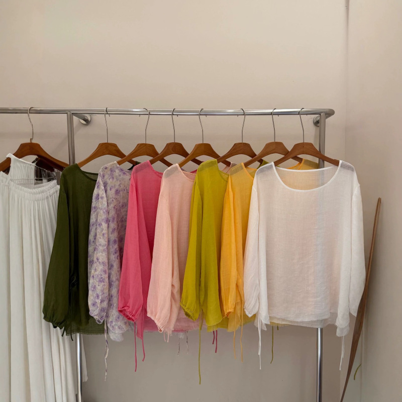 Nami's Design Features a Drawstring Waist, Adjustable Ramie Round-Neck Sun Protection Shirt for Women, New Lightweight Summer Top Nami's Design Features a Drawstring Waist, Adjustable Ramie Round-Neck Sun Protection Shirt for Women, New Lightweight Summer Top