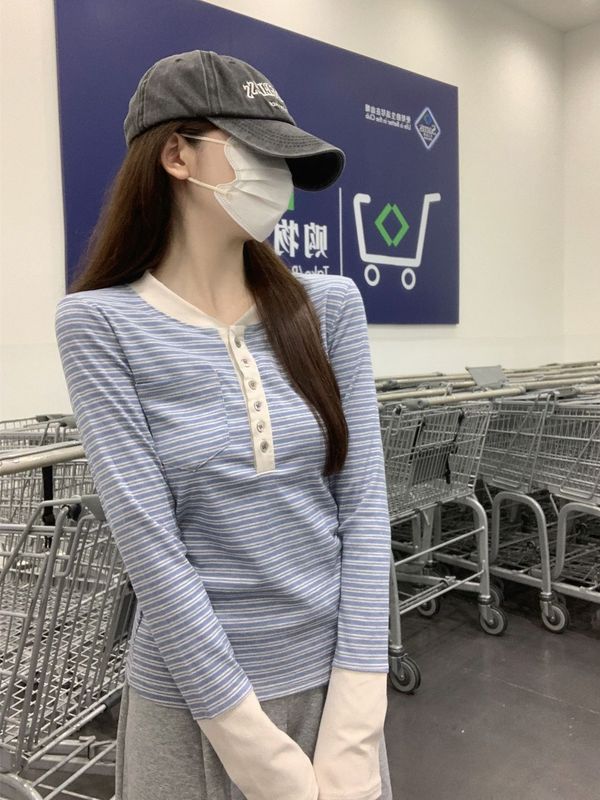 正肩条纹亨利领长袖T恤女春秋季撞色显瘦休闲百搭上衣内搭打底衫|undefined