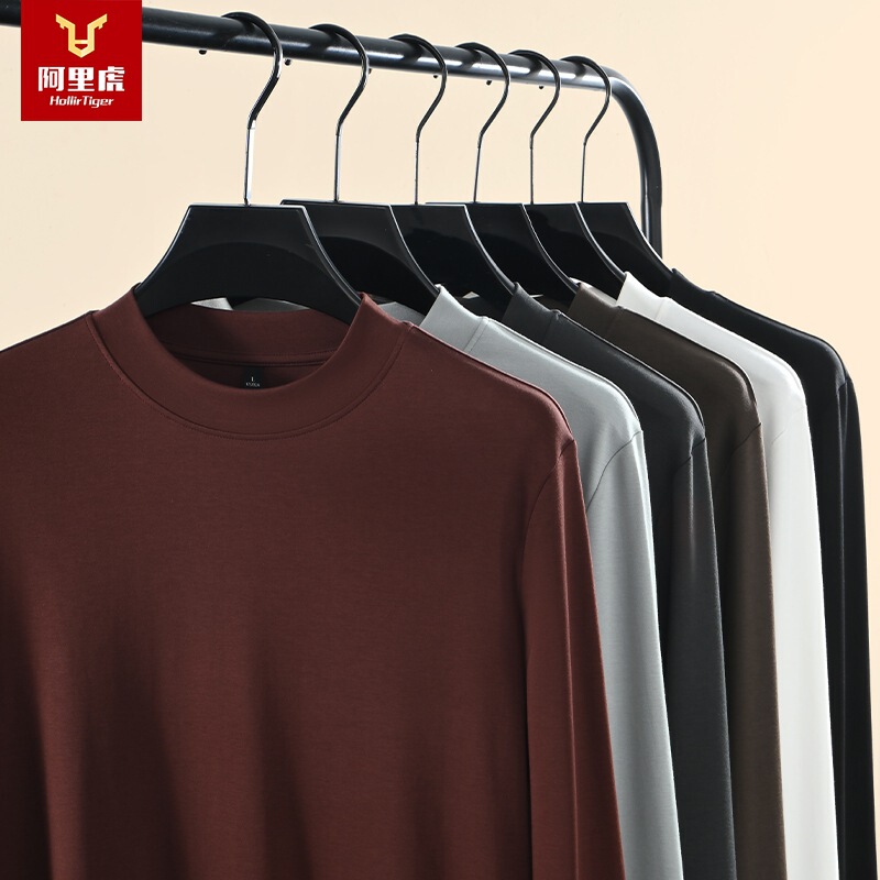 【Heavyweight 290g Double-Sided】Ali Tiger High-End Half-Turtleneck Long-Sleeve Sweatshirt for Men, Solid Color Casual Base Shirt Men's T-Shirt