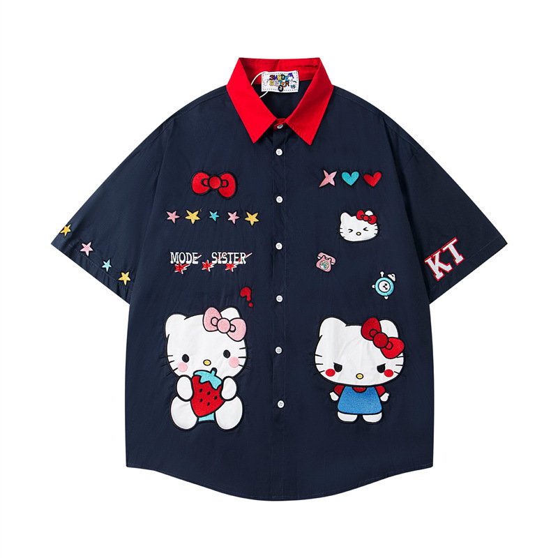 Japanese Style Cute Hellokitty Fun Cartoon Embroider Color Matching Loose Casual Summer Short-Sleeved Shirts for Men and Women