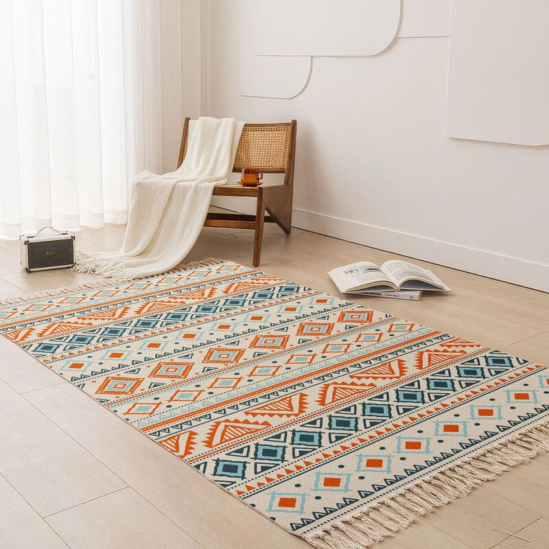 Bedroom Doorway Bedside Carpet Bathroom Mat Woven Cotton and Linen Tassel Floor Mat Home Geometric Pattern Floor