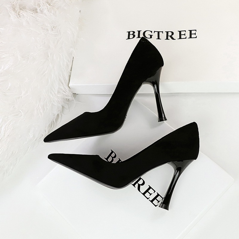 3767-1 European and American Style Simple Slimming Look Banquet High Heels Wine Glass Heel Super High Heel Suede Shallow Mouth Pointed Toe Women's Shoes