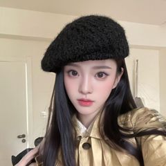 2025新款韩版时尚百搭慵懒风针织贝雷帽女秋冬显脸小毛绒绒画家帽