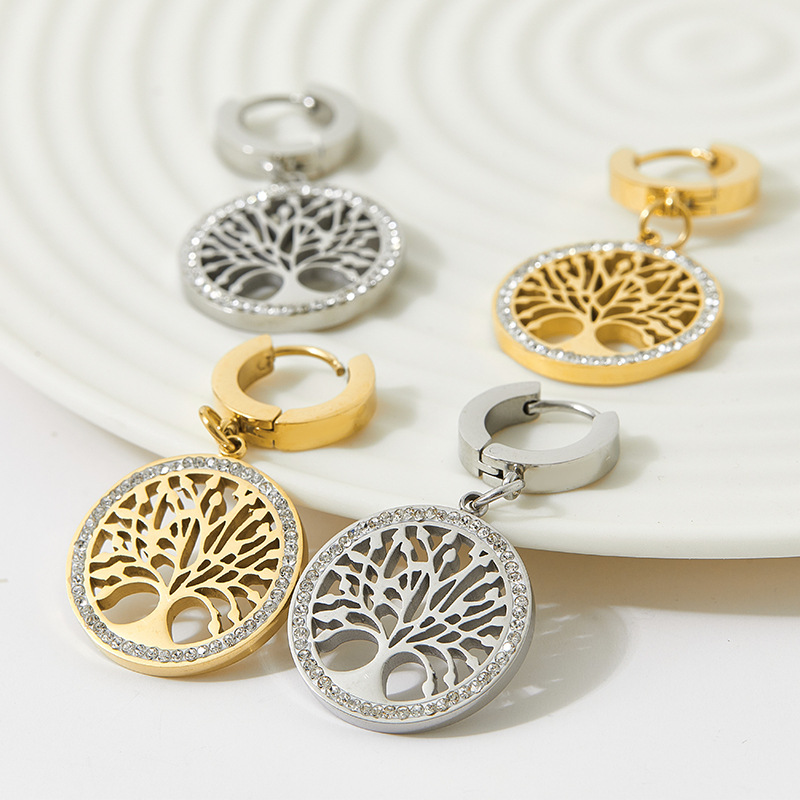 PVD Coated Gold Plating Process Real Gold Plated Plating Material PVD Coated Real Gold Plated Tree 304 Stainless Steel Style Waterproof Non Tarnish Drop Earrings