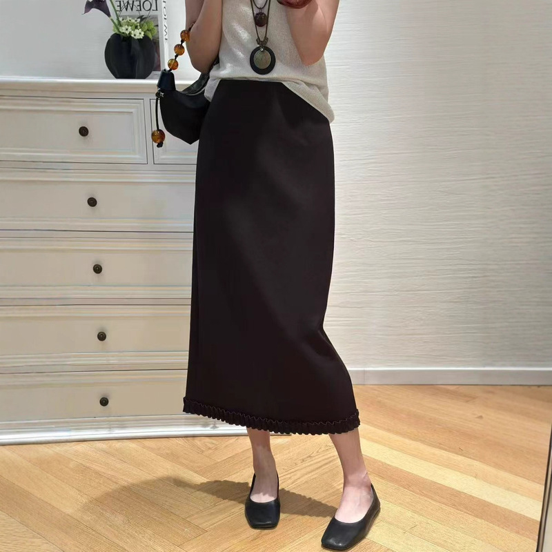 南油女装2025秋冬款优雅气质羊毛斜纹木耳边半身裙时尚百搭中长裙|undefined