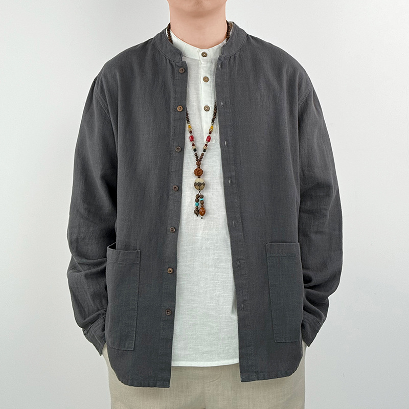 26Cy01 High-End Cotton and Linen Long-Sleeved Shirt for Men, Ramie Casual Linen Men's Jacket, Stand-Up Collar Shirt, Premium Linen Product
