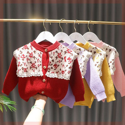 2021 new pattern spring clothes girl knitting Cardigan baby Leopard baby sweater Korean Edition Children coat