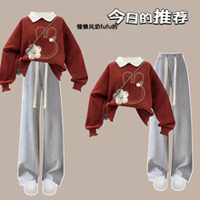 初中学生长袖卫衣女套装2024新款秋装polo衫领高中女生上衣两件套