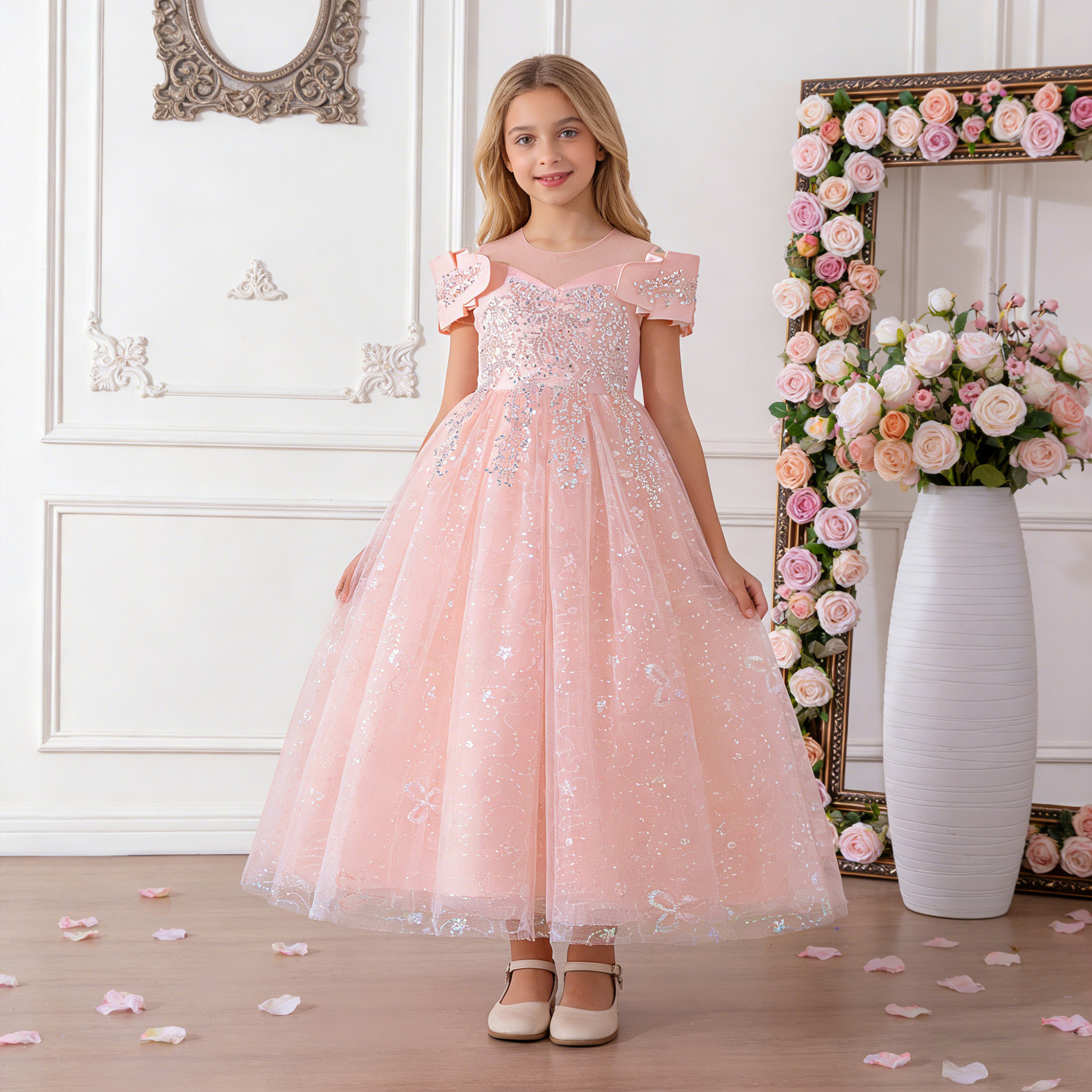 AliExpress Vestido para niños Vestido de princesa Vestido de fiesta de niña de flores de tela forjada de moda Vestido de noche de un año de bebé