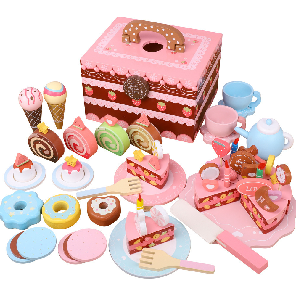Nuevos niños jugar casa portátil caramelo postre pastel de madera en caja simulación helado corte Rosa cocina Juguetes