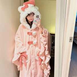 2025冬季新款珊瑚绒睡衣女加厚加绒家居服连帽长款浴袍凯蒂猫睡袍