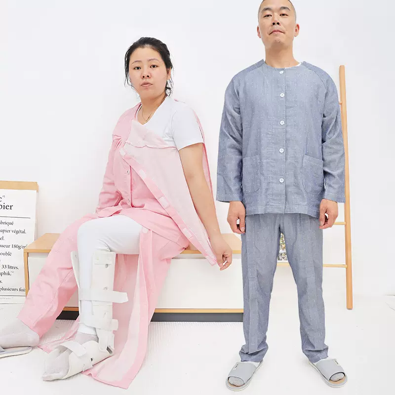 春夏款全开式易穿脱病号服双层纱纯棉骨折护理服卧床瘫痪老人睡衣