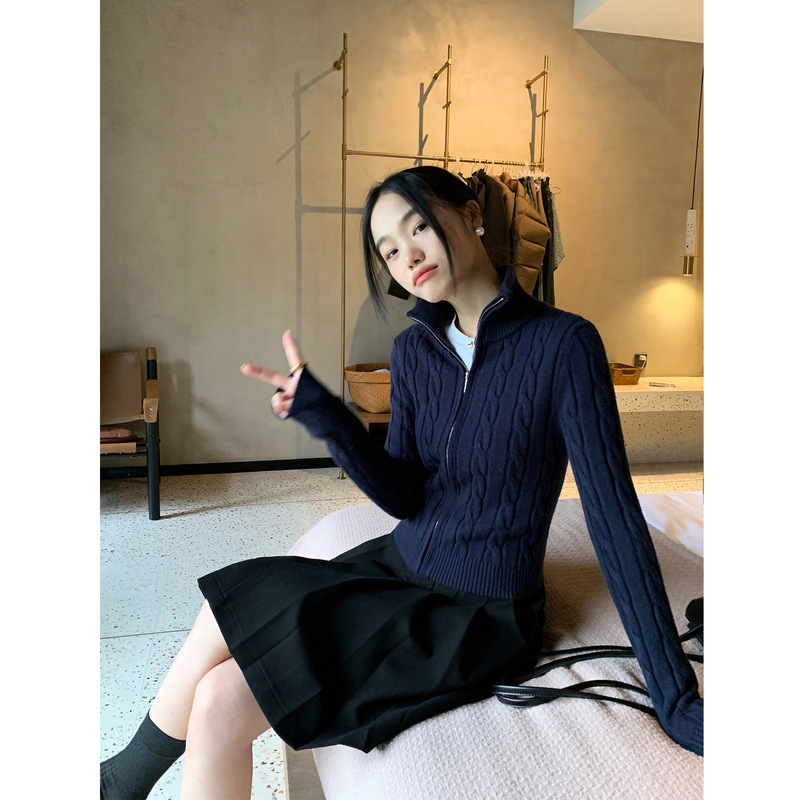 复古设计感麻花套头针织衫女秋冬新款韩系拉链休闲长袖套头上衣女|undefined