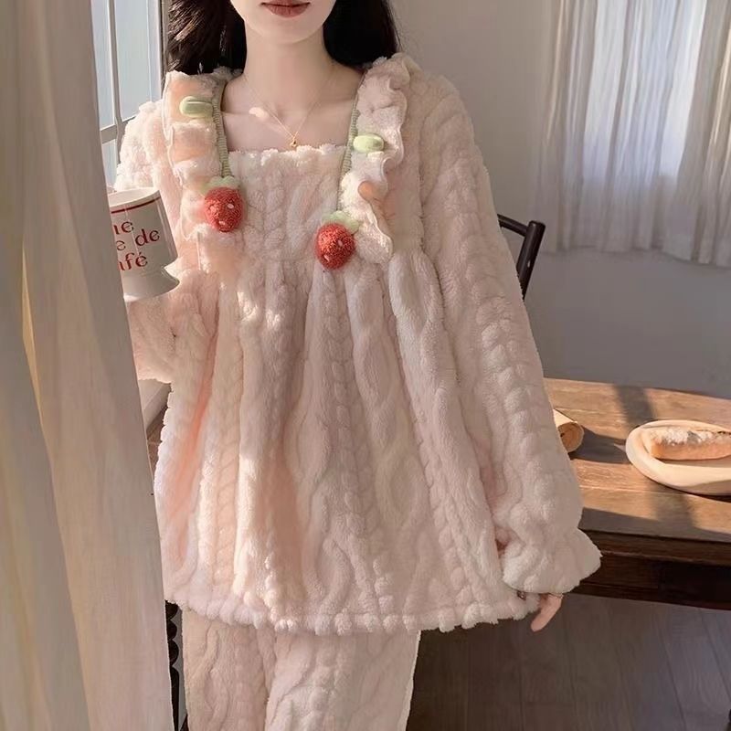 保暖加厚可爱珊瑚绒睡衣女家居服套装法兰绒甜美公主风冬季新款