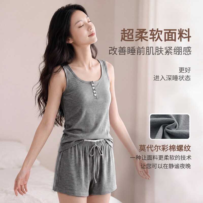 Modal Colored Cotton Ribbed Pajamas for Women Summer with Padded Vest Shorts Summer New Casual Home Wear Set