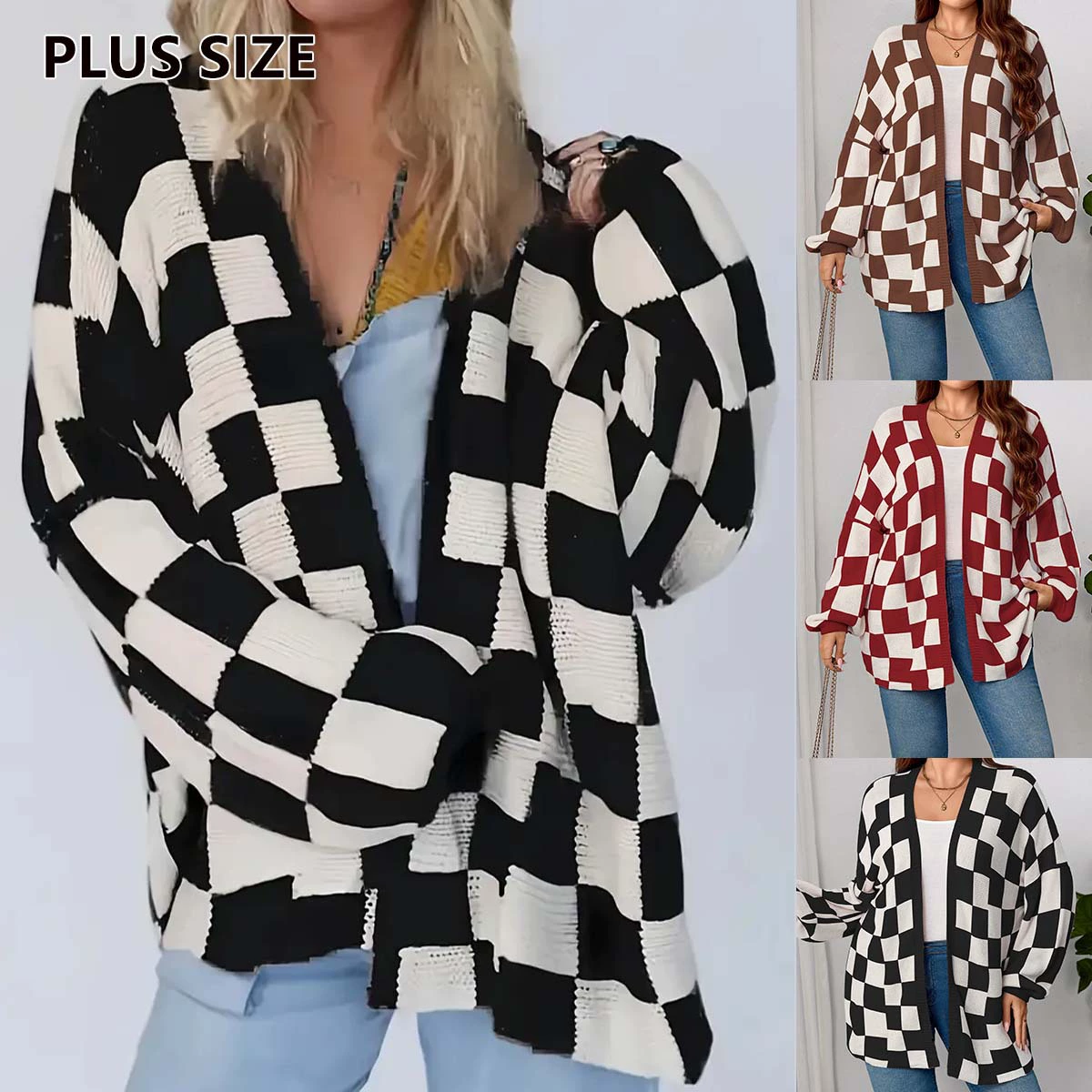 Осенне-зимняя женская куртка-кардиган свободного кроя в стиле кэжуал, двухцветная в клетку, с длинными рукавами, больших размеров, для трансграничной торговли на Amazon (Европа и Америка)