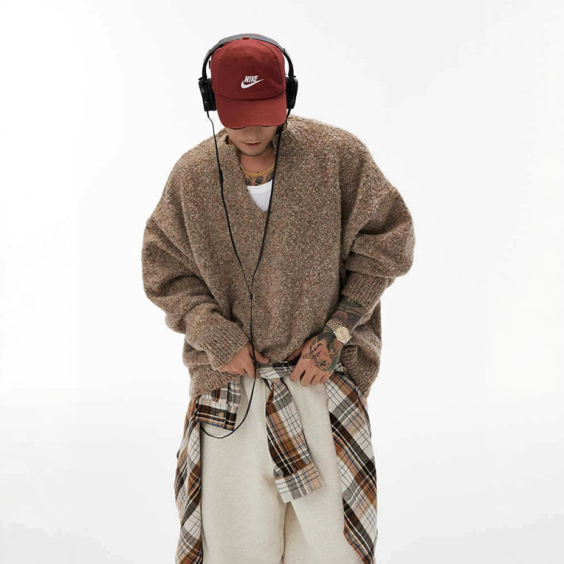 Lazy Style Relaxation Gray brown V-neck Sweater Loop Yarn Knitted Sweater for Men and Women Autumn and Winter Loose Sweater Lazy Style Relaxation Gray brown V-neck Sweater Loop Yarn Knitted Sweater for Men and Women Autumn and Winter Loose Sweater