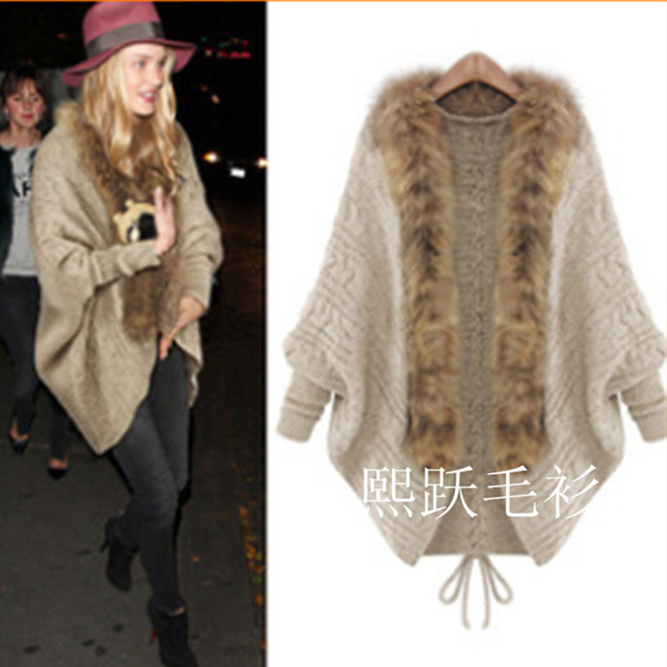 Suéter Cárdigan de Punto Holgado de Talla Grande con Mangas Murciélago y Cuello de Piel, Estilo Europeo y Americano, Nuevo para Otoño e Invierno 2025 de AliExpress