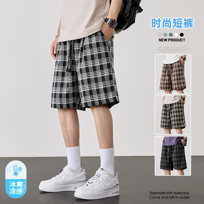 Pantalones cortos a cuadros de gran tamaño para hombres, estilo fino de verano, transpirable y suelto, estilo de Hong Kong, pantalones de cinco puntos más gordos para hombres