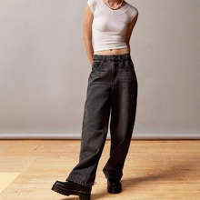 欧美跨境新款复古黑色直筒高腰牛仔裤