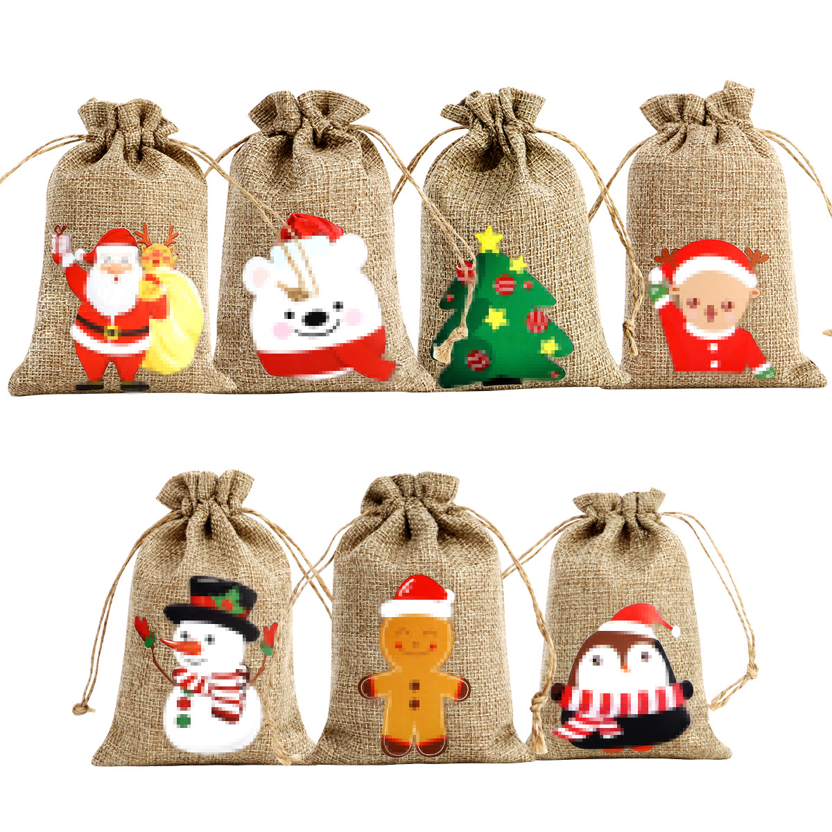 Amazon Venta caliente de Navidad bolsa de regalo de lino decoración de regalo de Navidad pequeña bolsa de tela de Halloween bolsa de embalaje de dulces