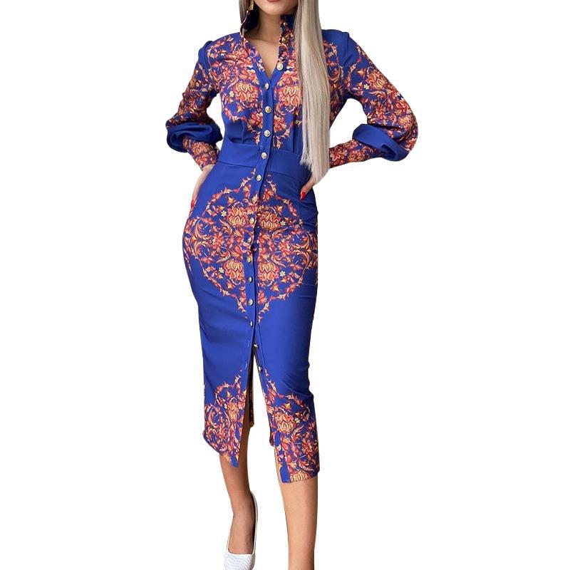 Women's printed stand collar long sleeve dress_voghion.com