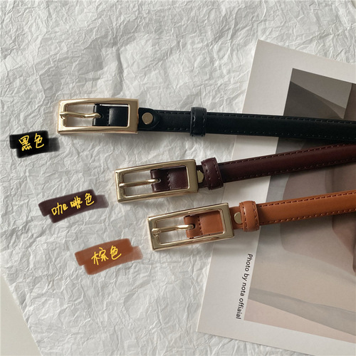 Brown retro thin belt for women, simple square buckle, temperament, matching dress, shirt, summer belt ins
