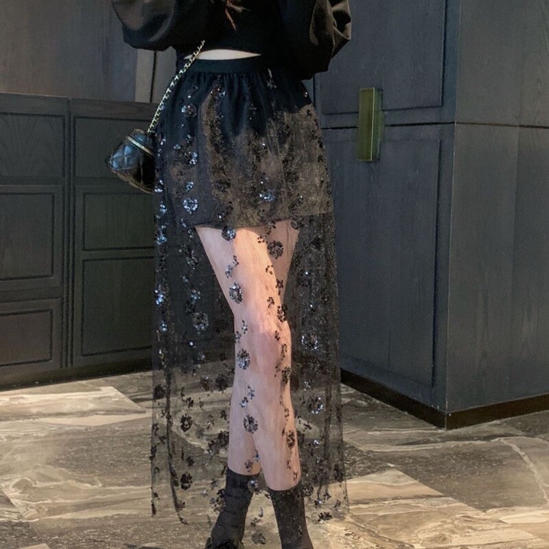 2025 Mesh Summer Flower New Long Dress Sequins All-match Lace Hollow Skirt Design Skirt Perspective