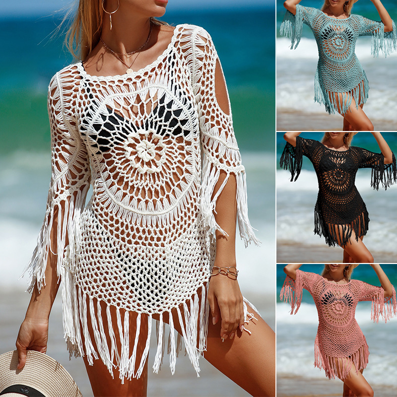 2022 cross-border new hand hook woven knitted sexy hollow bikini blouse sun protection clothing beach blouse