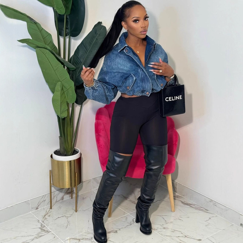 European and American Style Denim Jacket Amazon Cross-Border New Women's Washed Lapel Drawstring Long-Sleeved Short Zipper Jacket