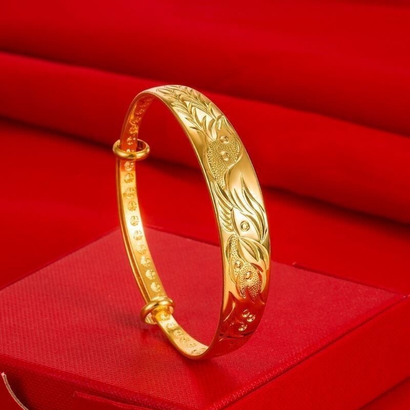 Vacuum Electroplating Ethnic Style Totem Phoenix Bracelet 12m Wide Velvet Sand Gold Single Phoenix Gold Push-Pull Bracelet Bridal Jewelry