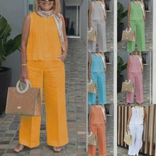 欧美跨境外贸女装 2025年春夏新款亚马逊无袖纯色棉麻套装