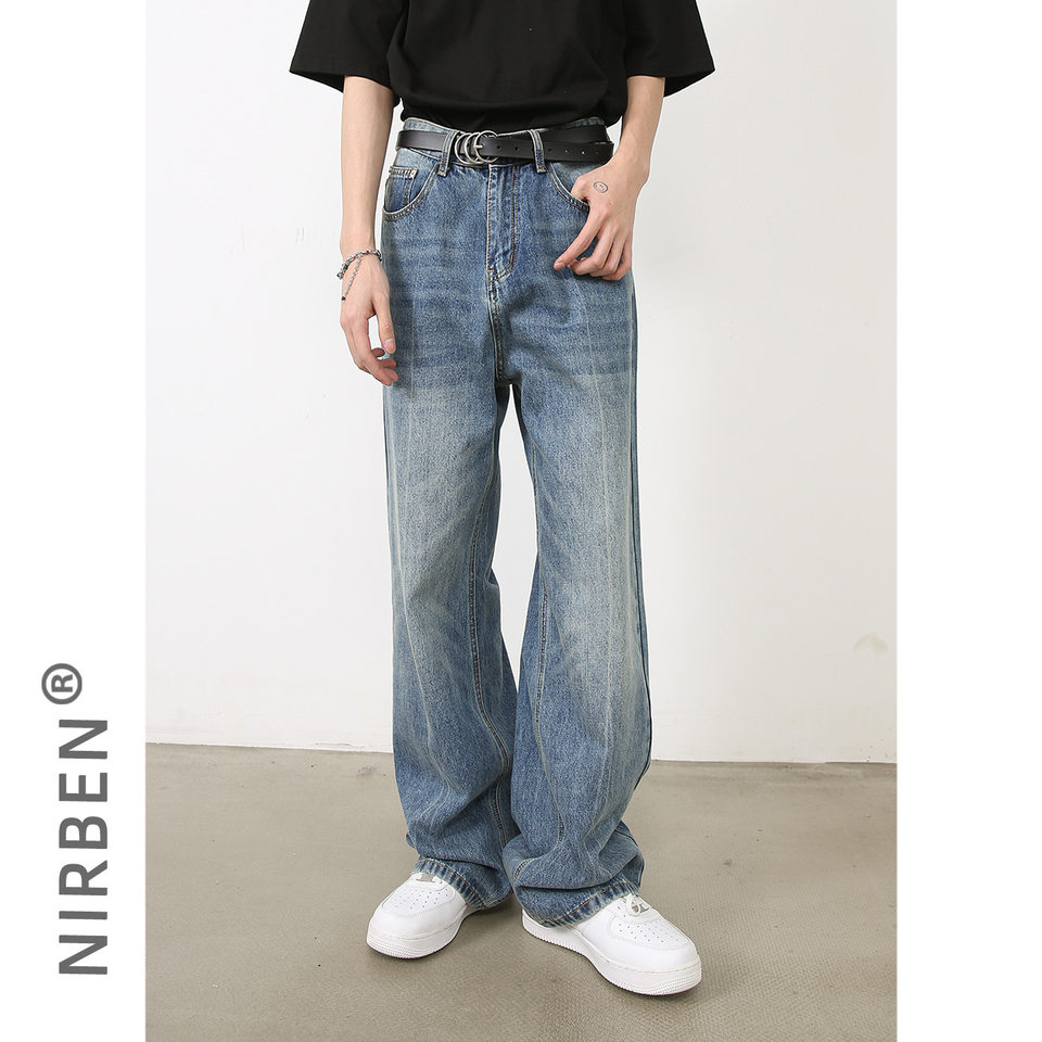 Quần jeans nam ống đứng dáng suông rộng, denim xử lý giặt retro phong cách Mỹ, quần dài mặc hằng ngày — Màu xanh lam