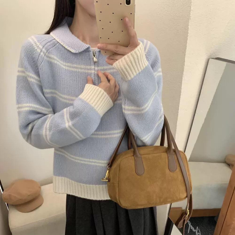 条纹Polo领半拉链软糯毛衣女秋冬新款慵懒风高级感宽松显瘦厚实上|undefined