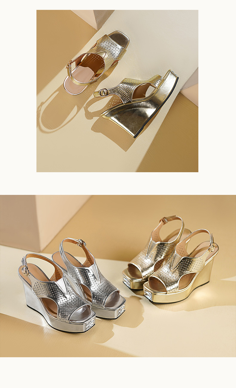 Sandal đế xuồng nữ mũi vuông phong cách La Mã, gót 11 cm, họa tiết đục lỗ — Màu vàng chi tiết 6
