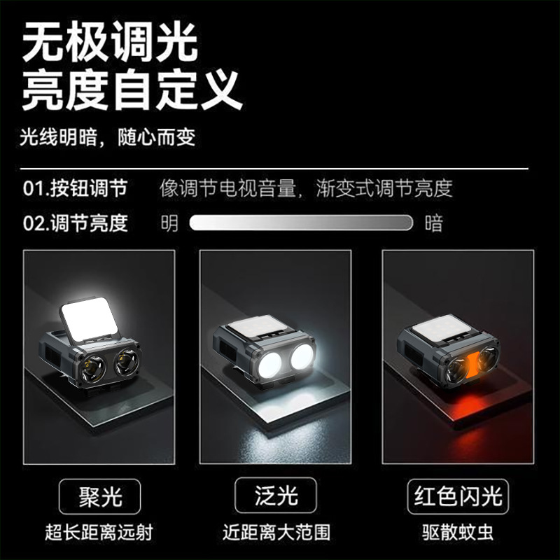 Nuevo multi-funcional seis-en-un sombrero clip de luz al aire libre de iluminación de pesca de noche Faro de inducción de onda luz de la cabeza luz roja