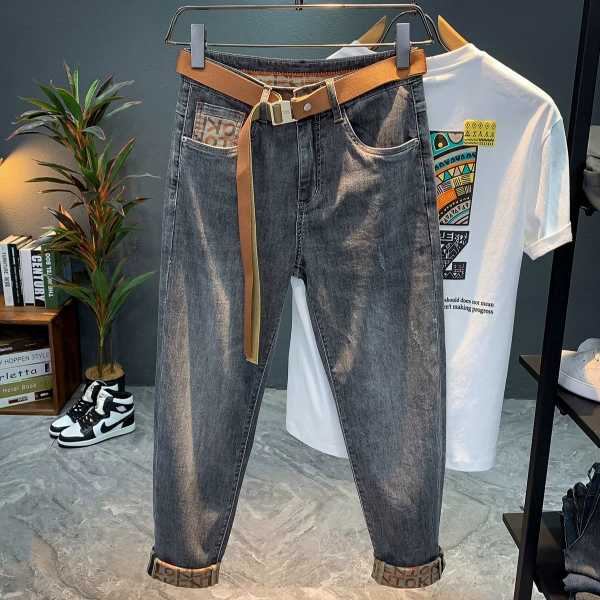 Джинсы стирки, полупальто элитной моды с молнией, 2024 год, slim fit