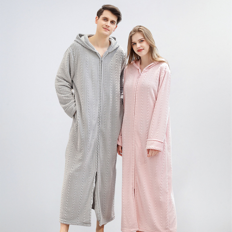 Amazon Same Style Autumn and Winter Zipper Bathrobe Hooded Nightgown Couple Thickened Nightgown Women's Long Nightgown