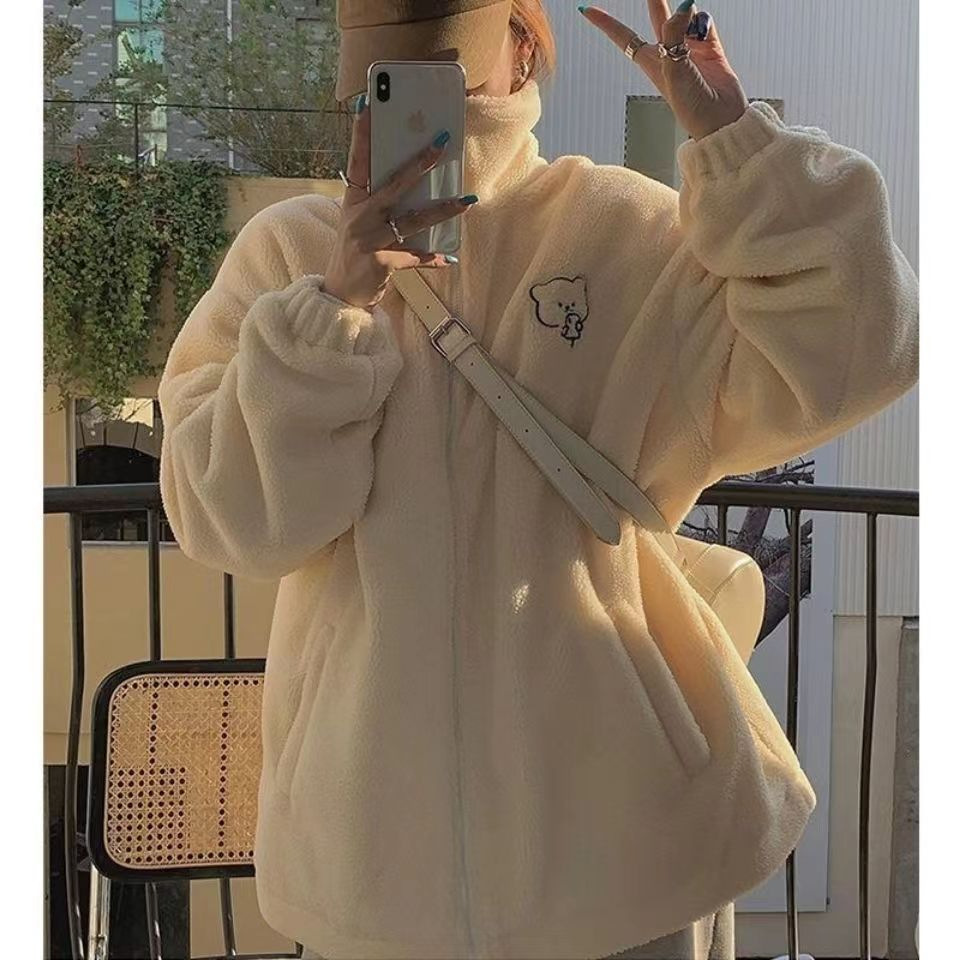 가을과 겨울 새로운 느슨한 칼라 양가죽 코트 여성 서양식 올 매치 스웨트 셔츠 귀여운 스위트 베어 봉제 탑